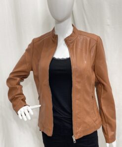 Ladies Fashion Coats - Faux Leather Tan Short Jacket Open