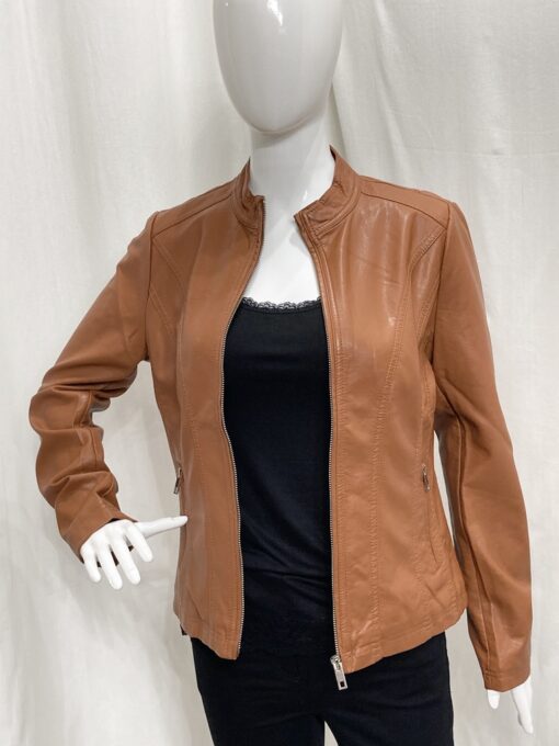 Ladies Fashion Coats - Faux Leather Tan Short Jacket Open
