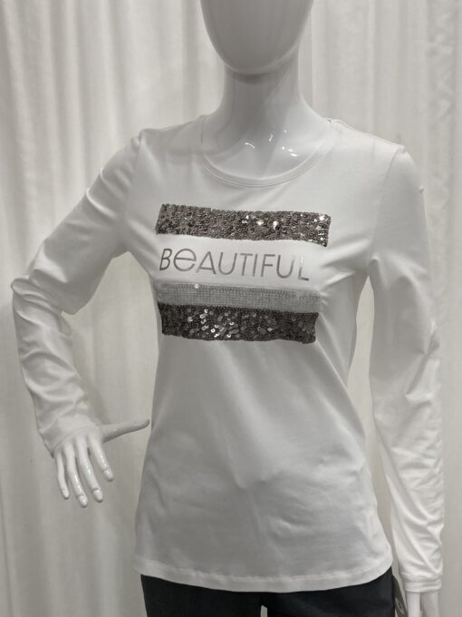 I'cona By Robell Sequin And Metallic Semi Fitted Beautiful Logo Top With Long Sleeves And A Crew Neckline In White Size 8