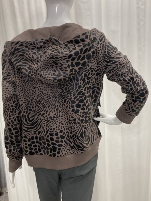 I'cona By Robell Casual Hooded Animal Print Zip Jacket In Mocha And Black With A Satin Diamante Stripe Design On Both Sides And Satin Drawstring In Medium - Image 2