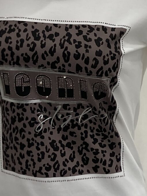 I'cona By Robell Diamante And Animal Print Semi Fitted Iconic Logo Top With Long Sleeves And A Crew Neckline In White Size 8 - Image 3