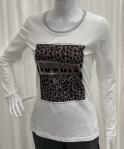 I'cona By Robell Diamante And Animal Print Semi Fitted Iconic Logo Top With Long Sleeves And A Crew Neckline In White Size 10
