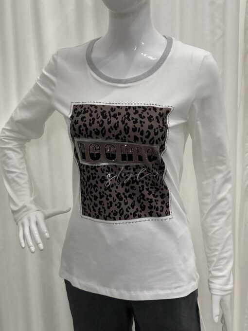 I'cona By Robell Diamante And Animal Print Semi Fitted Iconic Logo Top With Long Sleeves And A Crew Neckline In White Size 8