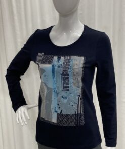 I'cona By Robell Metallic Semi Fitted Double Inspire And Face Logo Top With Long Sleeves And A Crew Neckline In Navy Size 10
