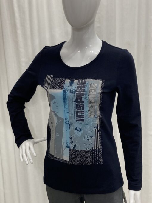 I'cona By Robell Metallic Semi Fitted Double Inspire And Face Logo Top With Long Sleeves And A Crew Neckline In Navy Size 10