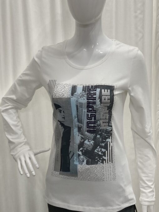 I'cona By Robell Metallic Semi Fitted Double Inspire And Face Logo Top With Long Sleeves And A Crew Neckline In White Size 8