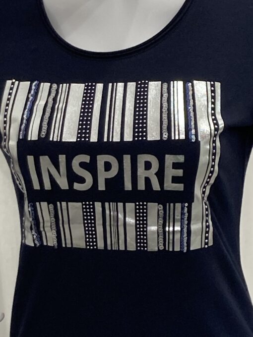 I'cona By Robell Metallic And Diamante Semi Fitted Barcode Inspire Logo Top With Long Sleeves And A Crew Neckline In Navy Size 10 - Image 3