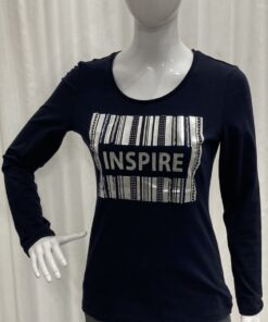 I'cona By Robell Metallic And Diamante Semi Fitted Barcode Inspire Logo Top With Long Sleeves And A Crew Neckline In Navy Size 10