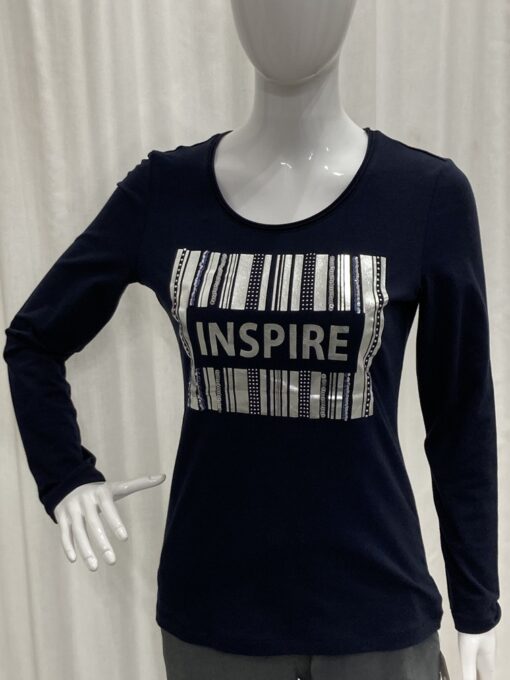 I'cona By Robell Metallic And Diamante Semi Fitted Barcode Inspire Logo Top With Long Sleeves And A Crew Neckline In Navy Size 10