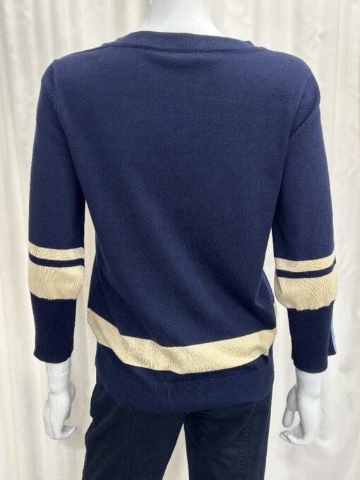 Sunday By Robell Navy Lightweight Jumper with Contrast Stripes In Pale Blue And Beige with 3/4 Sleeves In Large - Image 2
