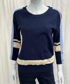 Sunday By Robell Navy Lightweight Jumper with Contrast Stripes In Pale Blue And Beige with 3/4 Sleeves In Large