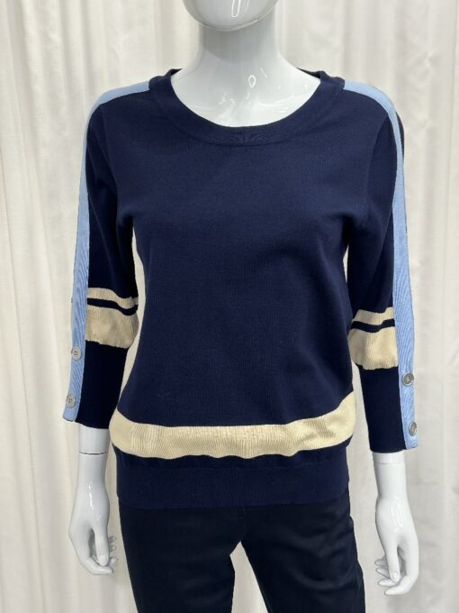Sunday By Robell Navy Lightweight Jumper with Contrast Stripes In Pale Blue And Beige with 3/4 Sleeves In Large
