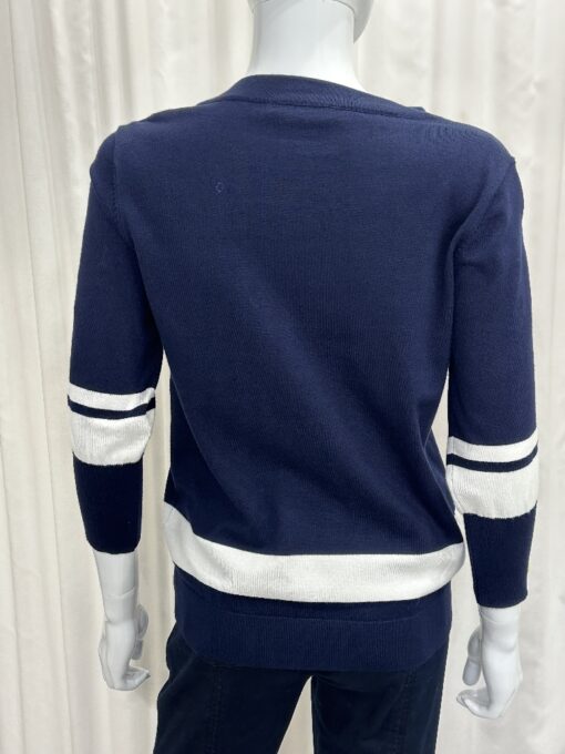 Sunday By Robell Navy Lightweight Jumper with Contrast Stripes In Lime Green And White with 3/4 Sleeves In Large - Image 2