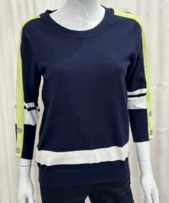 Sunday By Robell Navy Lightweight Jumper with Contrast Stripes In Lime Green And White with 3/4 Sleeves In Large