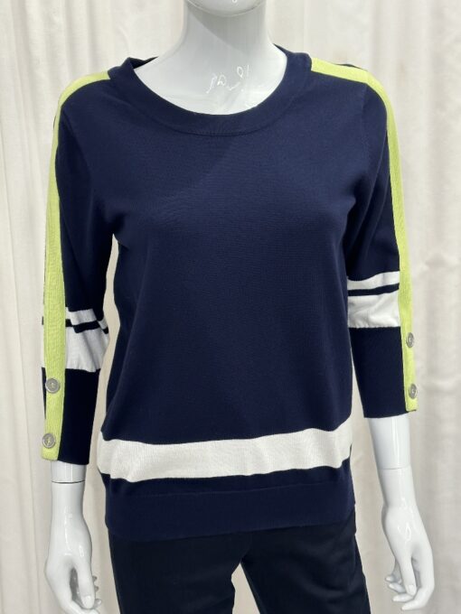 Sunday By Robell Navy Lightweight Jumper with Contrast Stripes In Lime Green And White with 3/4 Sleeves In Large