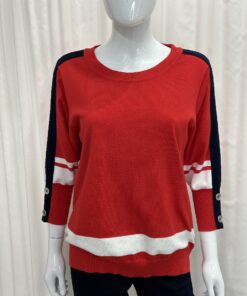 Sunday By Robell Red Lightweight Jumper with Contrast Stripes In Navy And White with 3/4 Sleeves In Large