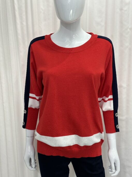 Sunday By Robell Red Lightweight Jumper with Contrast Stripes In Navy And White with 3/4 Sleeves In Large