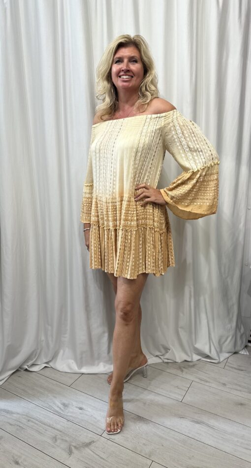 Bardot Style Tye Dye Tier Dress With 2 Side Pockets In Yellow And Tan With A Gold Shimmer One Size