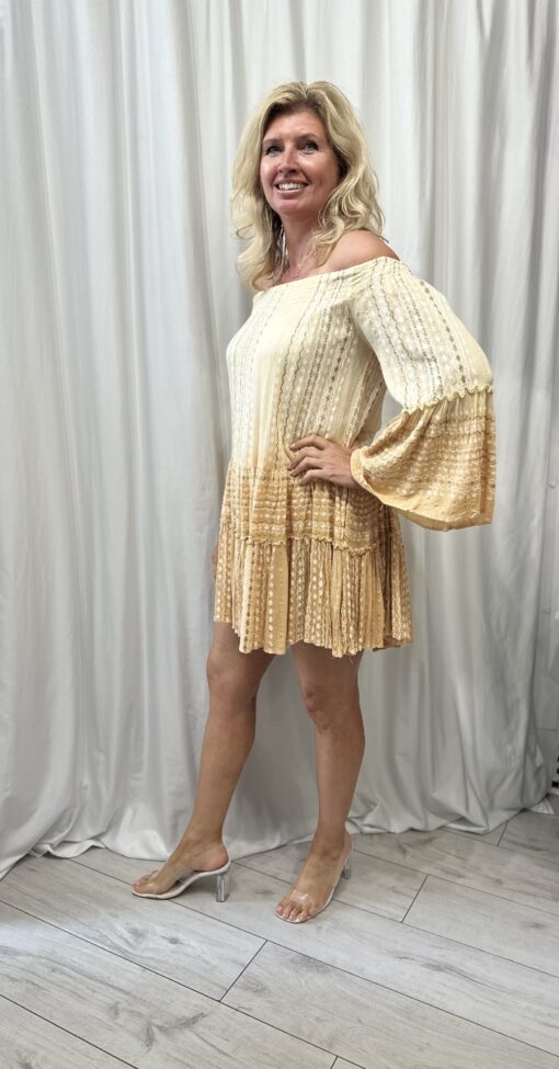 Bardot Style Tye Dye Tier Dress With 2 Side Pockets In Yellow And Tan With A Gold Shimmer One Size - Image 2