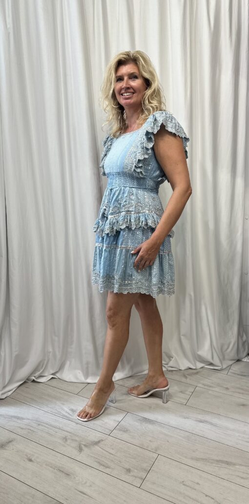 Square Neckline Ruffle Dress With Silver Beads And Thread In Blue One Size - Image 2
