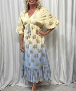 V Neck Kimono Style Lined Maxi Dress With Gold Foil Pattern In Yellow And Blue Tye Dye One Size