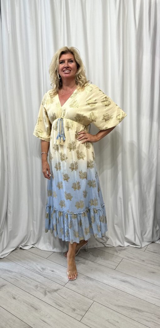 V Neck Kimono Style Lined Maxi Dress With Gold Foil Pattern In Yellow And Blue Tye Dye One Size