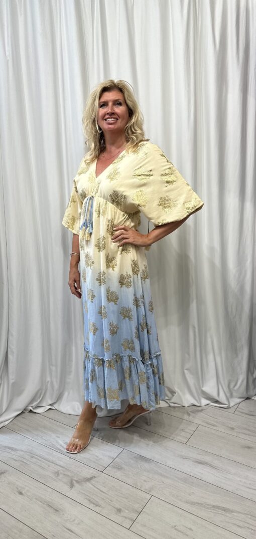 V Neck Kimono Style Lined Maxi Dress With Gold Foil Pattern In Yellow And Blue Tye Dye One Size - Image 2