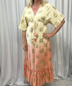 V Neck Kimono Style Lined Maxi Dress With Gold Foil Pattern In Yellow And Coral Tye Dye One Size