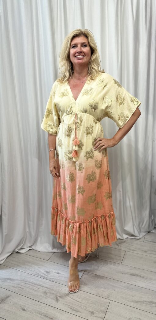 V Neck Kimono Style Lined Maxi Dress With Gold Foil Pattern In Yellow And Coral Tye Dye One Size
