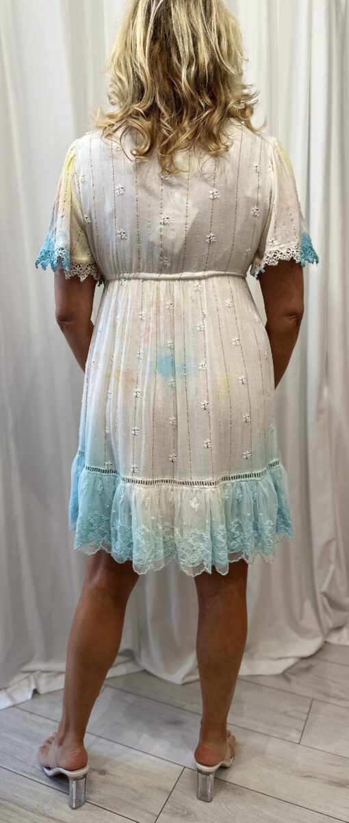 Boho Style Beaded And Button Front V Neck Dress With Lace Bottom And Sleeves In White, Turquoise And Yellow One Size - Image 3