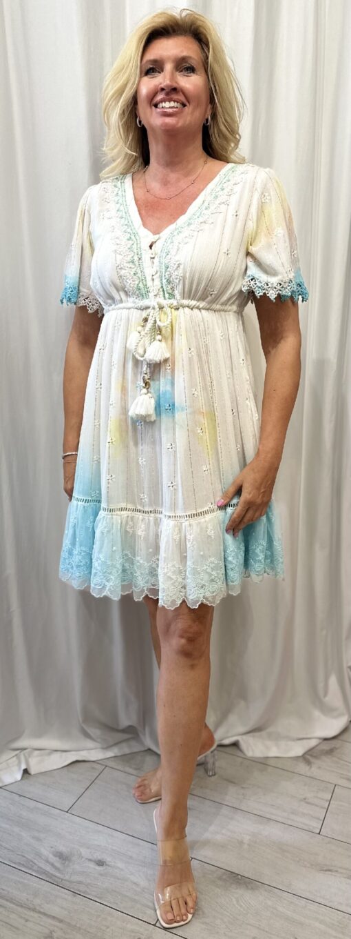 Boho Style Beaded And Button Front V Neck Dress With Lace Bottom And Sleeves In White, Turquoise And Yellow One Size