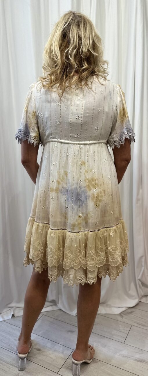 Boho Style Beaded And Button Front V Neck Dress With Lace Bottom And Sleeves In White, Bronze And Blue One Size - Image 3