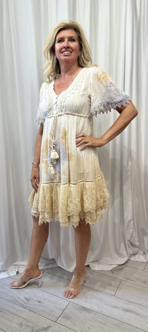 Boho Style Beaded And Button Front V Neck Dress With Lace Bottom And Sleeves In White, Bronze And Blue One Size - Image 2