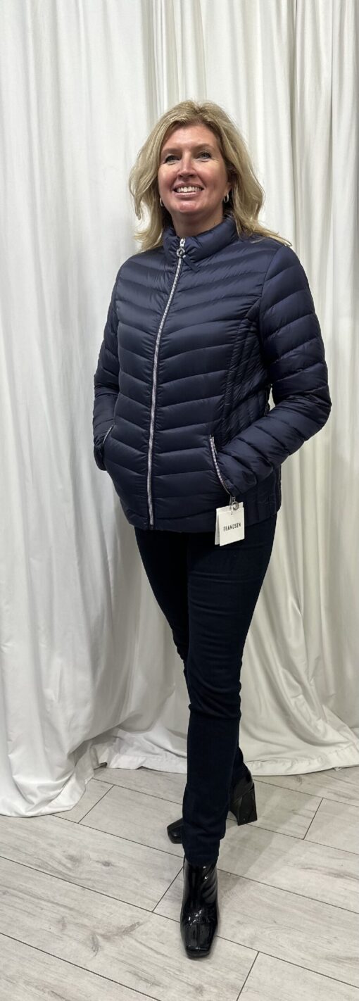 Frandsen By Robell Short Duck Down Jacket With Front Zip And Two Zip Pockets In Navy Size 10