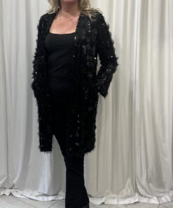 Long Sequin And Tassel Cardigan With Two Front Pockets In Black Size 10/12