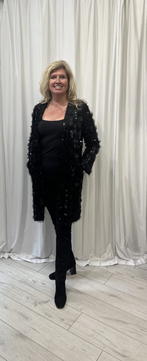 Long Sequin And Tassel Cardigan With Two Front Pockets In Black Size 10/12