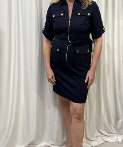 Navy Shirt Belted Dress with Gold Zip & Gold Buttons by Tia