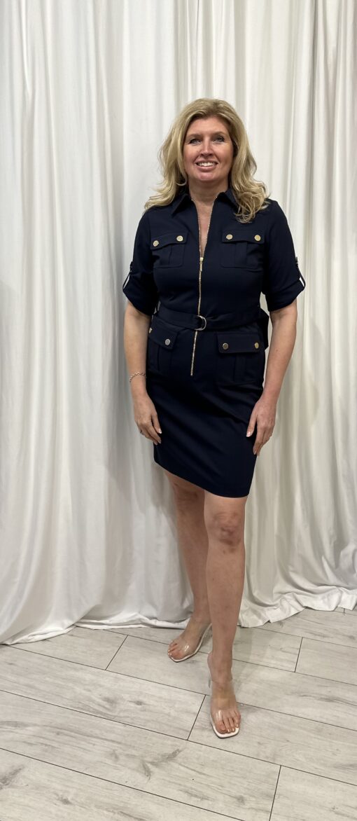 Navy Shirt Belted Dress with Gold Zip & Gold Buttons by Tia