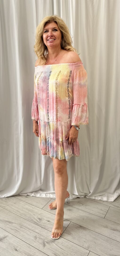 Beaded Bardot Dress with Gold And Silver Thread Running Through