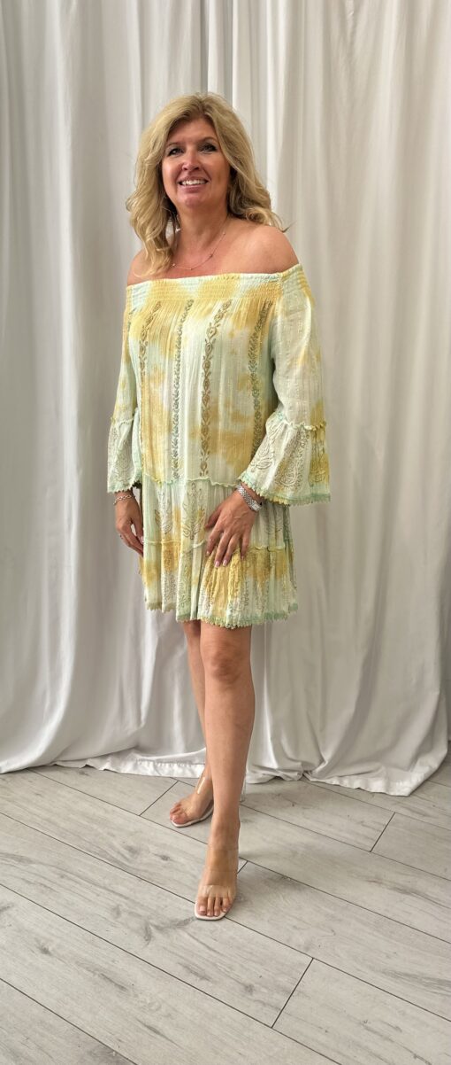 Beaded Bardot Dress with Gold And Silver Thread Running Through