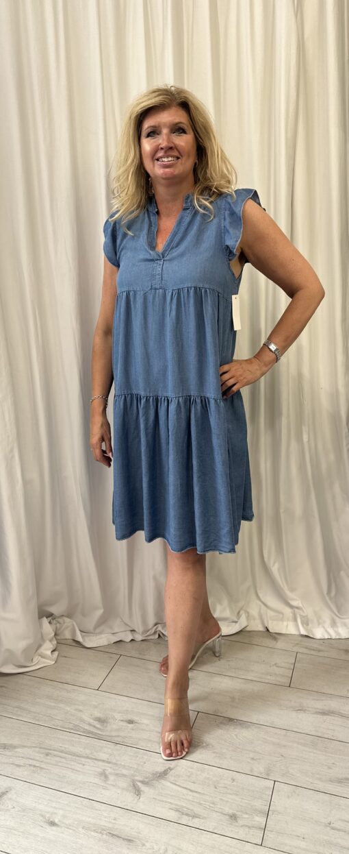 100% Tencel Denim V Neck Frill Tunic Dress