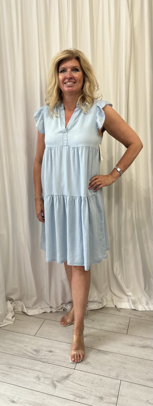 100% Tencel Light Denim V Neck Frill Tunic Dress